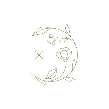 Monochrome line art logo may lily with circle stem and leaves bright star emblem for cosmetic beauty