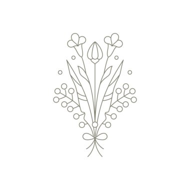 Linear bouquet meadow wildflowers snowdrop with stem, leaves and bud decorated by bow simple logo