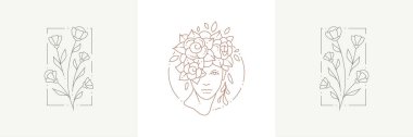Botanical simple linear icon set frames with female blossom portrait and wild cute flowers bouquet