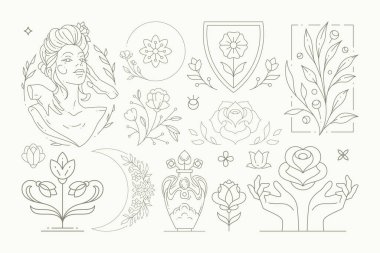 Line art elegant feminine blossom monochrome set with decorative botanical design elements
