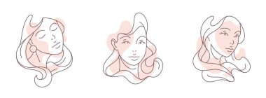 Set hand drawn abstract minimalistic woman portrait continuous line pastel spot icon vector