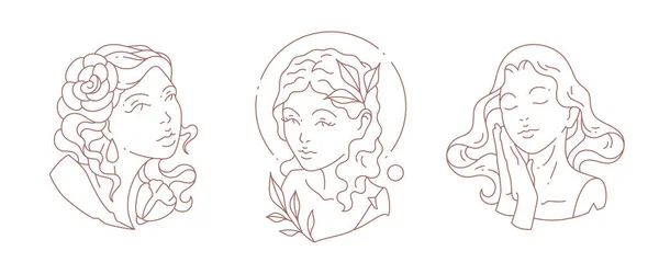 Set linear simple logo antique woman goddess bust with circle frame and flowers vector illustration — 图库矢量图片