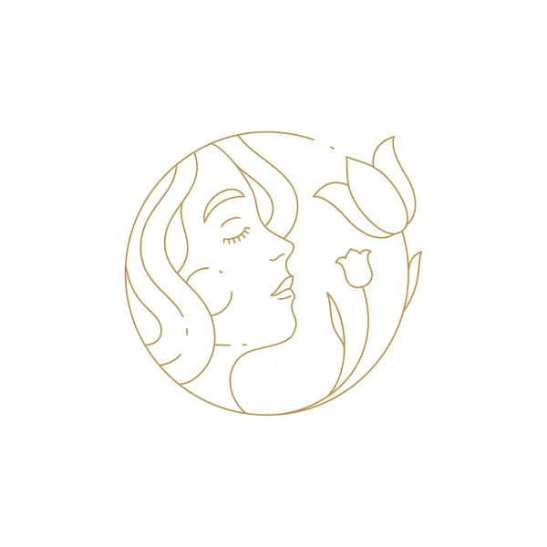 Linear simple logo female face smelling tulip at hand drawn circle frame for beauty spa salon vector — Stockvektor