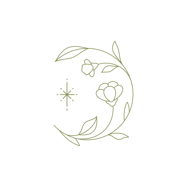 Monochrome line art logo may lily with circle stem and leaves bright star emblem for cosmetic beauty — 图库矢量图片