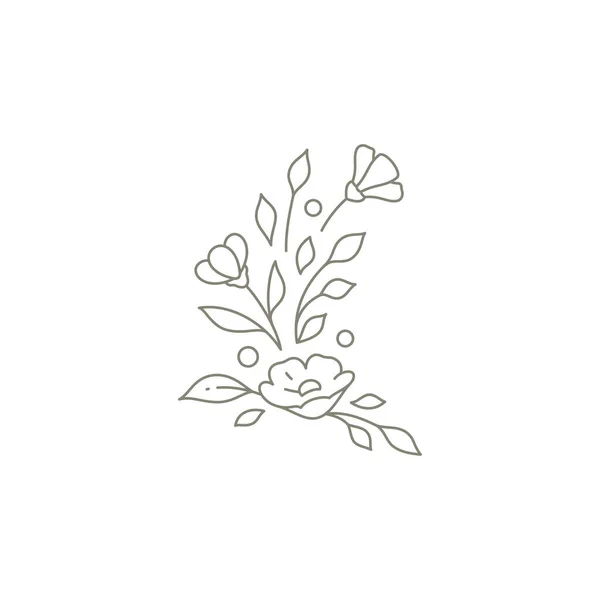 Simple florist monochrome logo with buds, petals, stem and leaves decor print vector illustration — Vector de stock