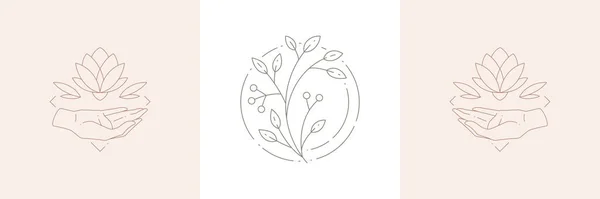 Σετ μονόχρωμη γραμμή art deco μινιμαλιστικό λογότυπο ανθρώπινα χέρια με λωτού λουλούδι, φυσικό κλάδο των φυτών — Διανυσματικό Αρχείο