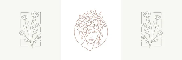 Botánico simple icono lineal conjunto de marcos con retrato de flor femenina y flores lindas ramo salvaje — Vector de stock