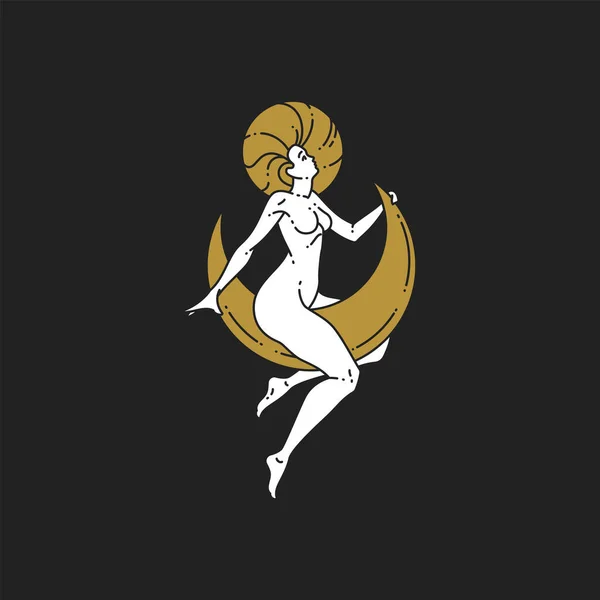 Mytisk ung blond kvinna rider på gyllene stora halvmåne linjär ikon dekorerad vektor illustration — Stock vektor