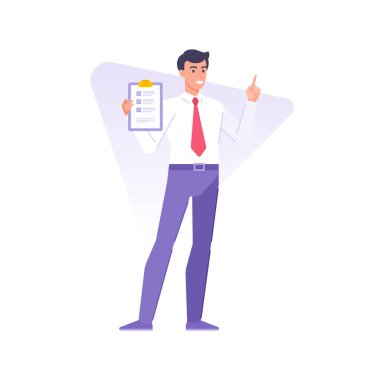 Kırmızı kravatlı gülümseyen işadamı işaret parmağı vektörüyle pano listesinden listeye tutuyor.