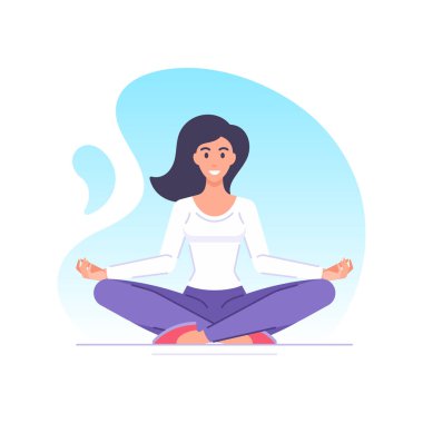 Gülümseyen, rahat, yoga yapan, Lotus pozisyonunda oturan genç bir kadın namaste vektör düz.