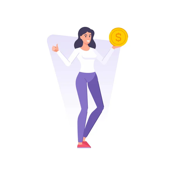 Lächelnde erfolgreiche brünette Frau, die goldene Münze in der Hand hält, mit Gewinnvermögenseinkommensvektor — Stockvektor