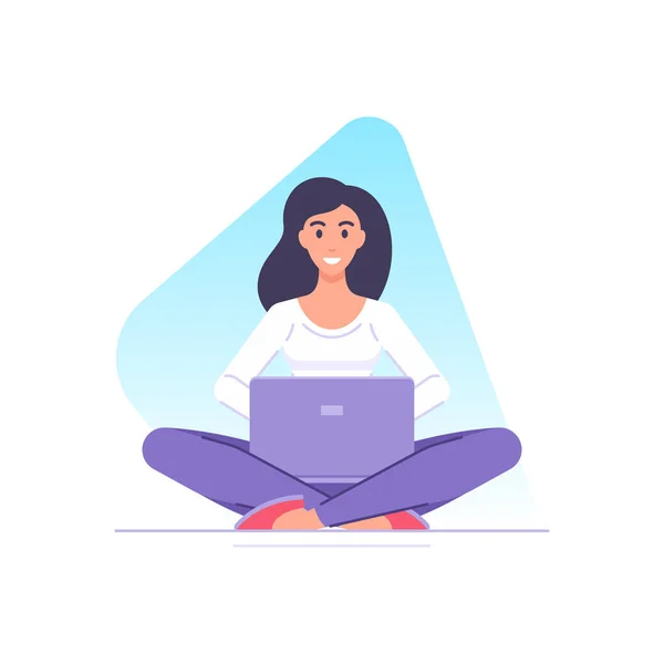 Freelancer moderno mulher de negócios trabalhando uso laptop sentado em posição de lótus vetor plana — Vetor de Stock
