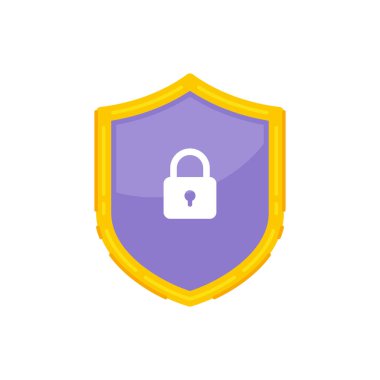 Mor klasik kalkan sarı çerçeve ve vektör düz çizim kilidi. Güvenlik antivirüs asma kilidi