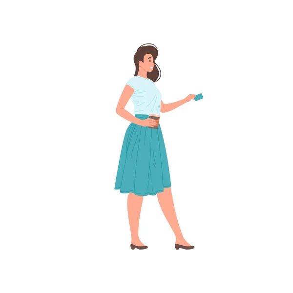 Joven mujer elegante sosteniendo tarjeta de crédito pagando taza de papel de café vector ilustración plana — Vector de stock