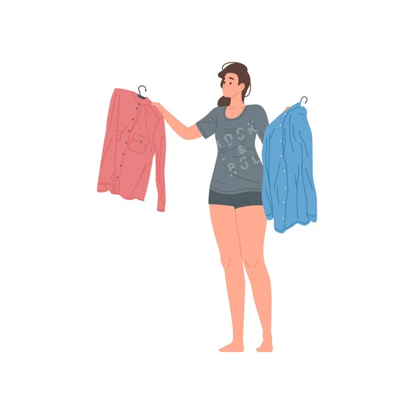 Sorrindo mulher doméstica escolhendo camisa pendurada no enforcamento para usar vetor ilustração plana — Vetor de Stock