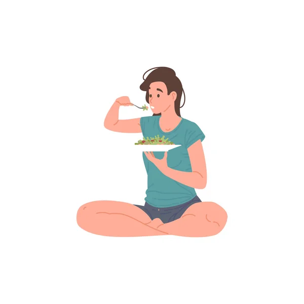 Relaxed domestic woman eating fresh healthy salad sitting in lotus position at home floor vector — Stock Vector