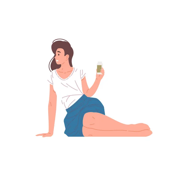 Lächelnde junge elegante Frau entspannt sitzend mit einer Flasche frischen flüssigen Milchgetränks Vektor flach — Stockvektor