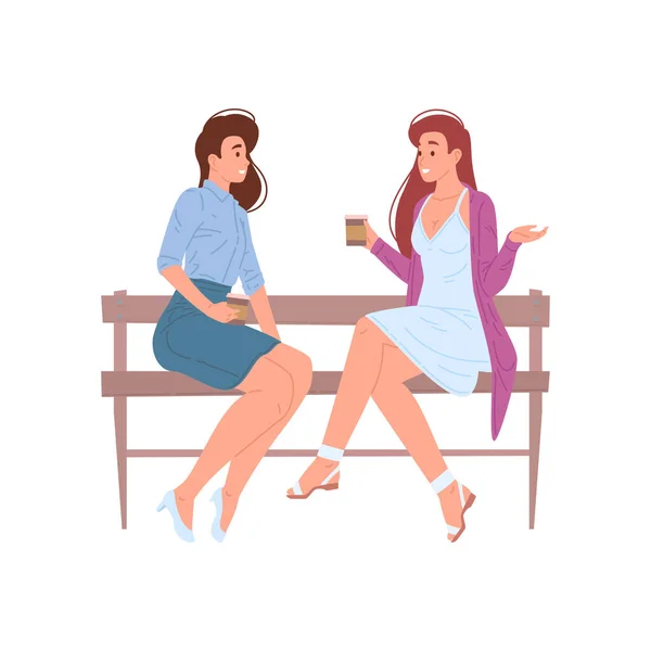 Två unga moderna kvinna talar dricka kaffe sitter på bänk utomhus njuter av vänskap vektor — Stock vektor