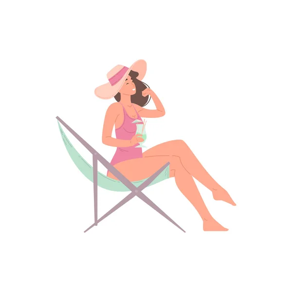 Happy relaxed woman sunbathing on chaise longue with summer cocktail enjoying sea beach vacation — Stock Vector