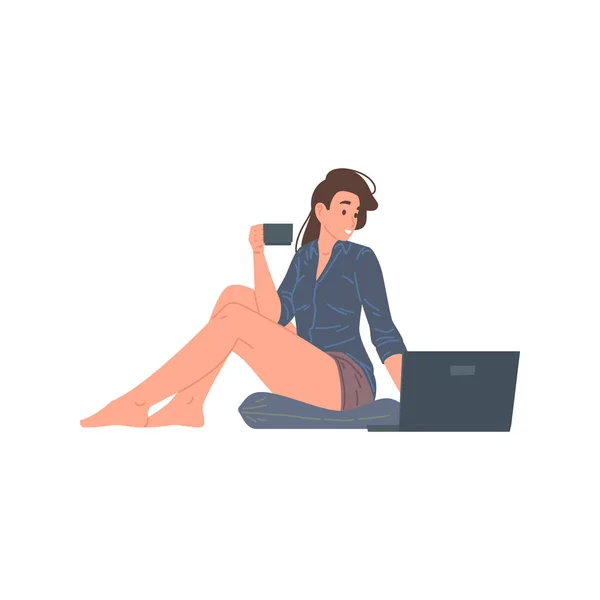 Domestic young woman chatting browsing internet use laptop sitting on floor with cup tea vector — Stock Vector