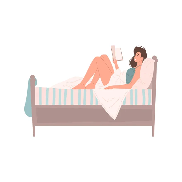 Relaxed young woman lying in bed reading book smiling enjoying weekend at home vector flat — Stock Vector