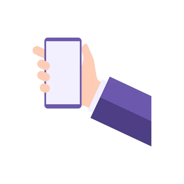 Negocios mano masculina en traje sosteniendo teléfono inteligente pantalla vacía copia espacio vector plano ilustración — Vector de stock