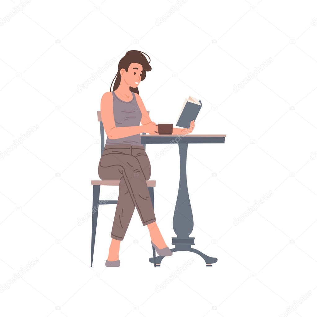 Relaxed young woman sitting table in cafe reading book and drinking coffee vector flat illustration