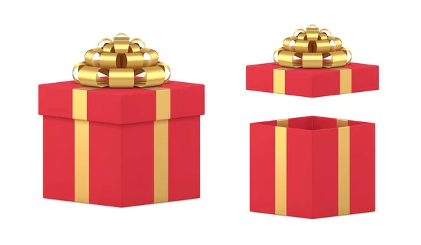 Krásná trojrozměrná otevřená a uzavřená slavnostní dárková krabička obalená zlatou mašlí — Stockový vektor
