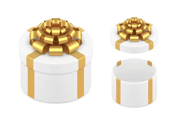 Realistische festliche weiße elegante Geschenkbox dekoriert metallisch goldene Schleife 3d isometrischer Vektor — Stockvektor