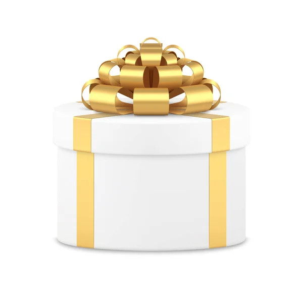 Cirkel witte geschenkdoos versierd met gouden strik lint vector illustratie — Stockvector