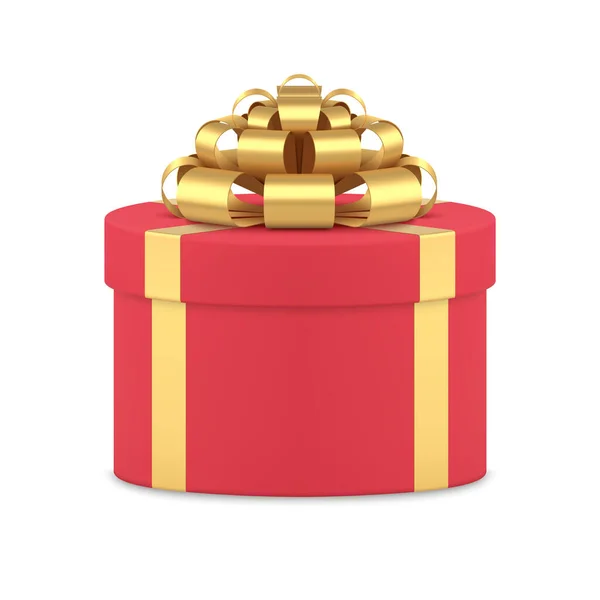 Caixa de presente vermelha com fita metálica dourada arco 3d ilustração vetorial realista —  Vetores de Stock