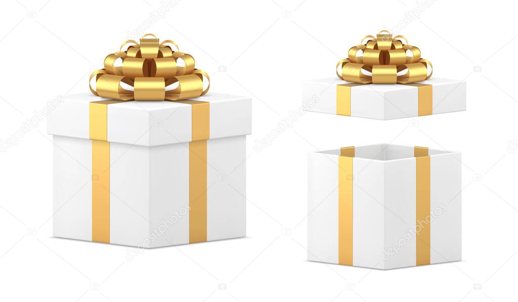 Squared 3d wrapped white gift box with golden metallic luxury bow ribbon set realistic vector