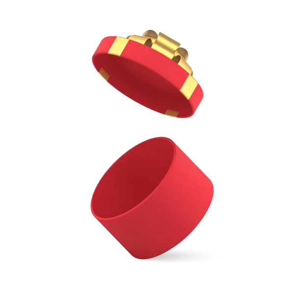 Caja de regalo con círculo rojo envuelto vacío realista con tapa abierta para almacenamiento sorpresa que lleva vector 3d — Archivo Imágenes Vectoriales