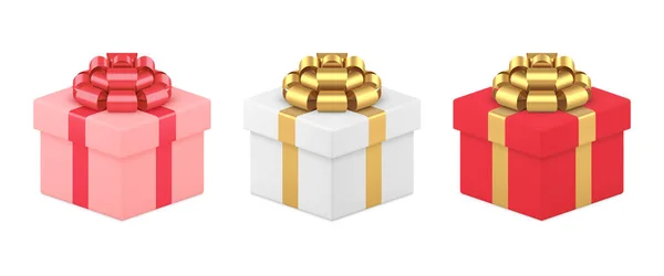 Cajas de regalo festivas cubos realistas envueltos por una cinta de lazo detallada metálica para la fiesta de vacaciones — Vector de stock
