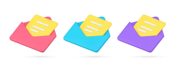 Ensemble d'enveloppe isométrique en papier entrant ou envoyant avec document texte lettre jaune vecteur icône 3d — Image vectorielle
