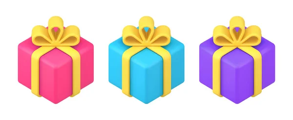 Brillante festivo cuadrado envuelto cajas de regalo decoradas con cinta de lazo atado colección 3d icono plantilla — Vector de stock