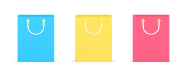 Coleção brilhante vermelho, amarelo e azul empilhado saco de compras de papel com alças vista frontal ícone 3d — Vetor de Stock