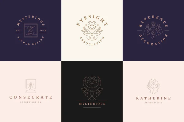 Magische logo 's emblemen ontwerp templates set met mystieke oog en vrouwelijke handen vector illustraties minimale lineaire stijl — Stockvector