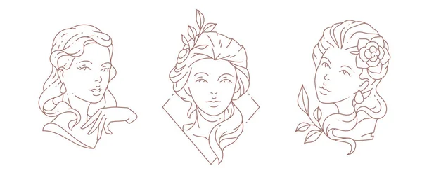 Bastante antigua señora busto monocromo lineart logo set vector ilustración. Mujer medieval elegante — Vector de stock