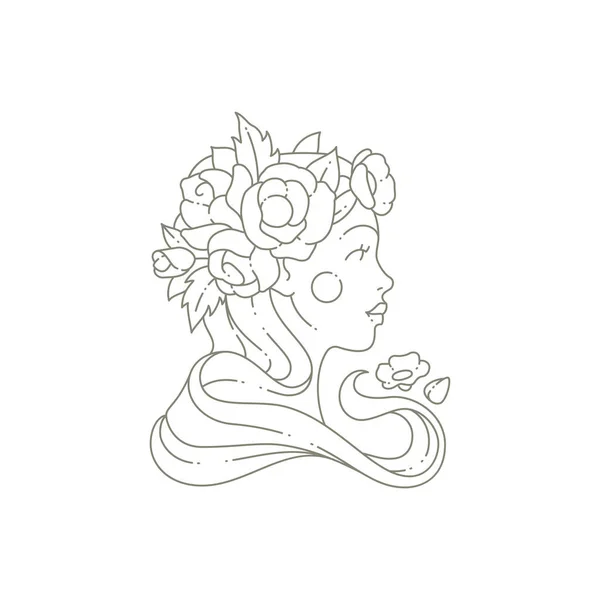 Elegante mão desenhada mulher retrato com buquê floral no cabelo monocromático logotipo linear beleza cosmética — Vetor de Stock