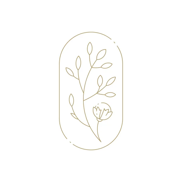 Abstrakcyjny naturalny kwiat z pączkiem, łodygą i liśćmi w elipsie ręcznie rysowane ramki Wielkanoc lub dzień matki — Wektor stockowy