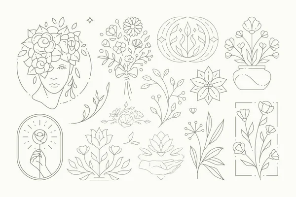 Monokróm egyszerű logó ezoterikus botanikus női gyűjtemény lineáris embléma dekoratív design — Stock Vector