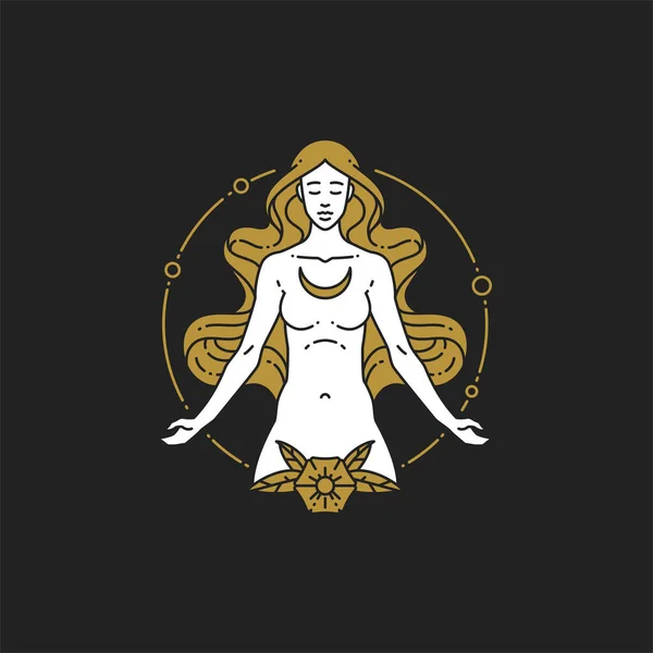 Эзотерическая линия искусства очертания логотипа женщина богиня в рамке круга медитирует с половиной луны и цветка — стоковый вектор