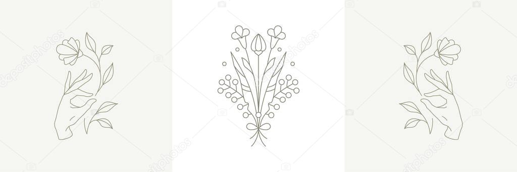 Feminine blossom botanical decorative postcard design pastel set vector illustration. Monochrome female hand holding flower and wild natural floral bouquet contoured logo spa wellness beauty skincare