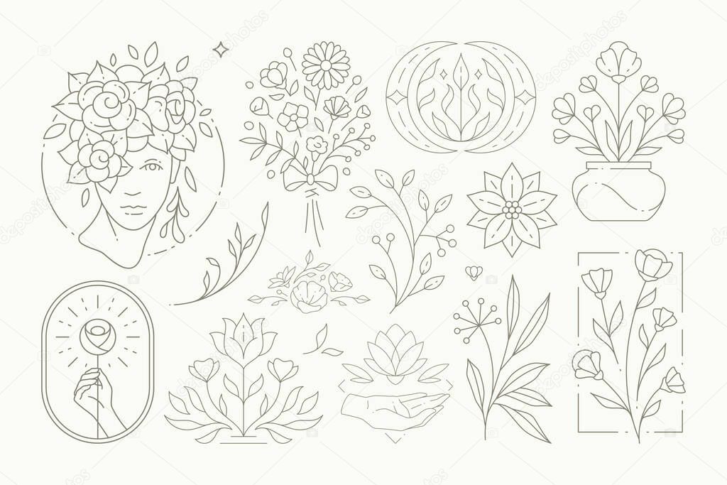 Monochrome simple logo esoteric botanical feminine collection linear emblem for decorative design greeting card, wedding invitation, gardening farm, flower shop market, beauty spa vector illustration