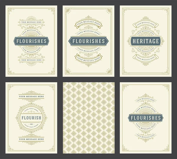 Vintage tarjetas de felicitación ornamento conjunto plantillas florecen marcos adornados y patrón de fondo vector ilustración — Archivo Imágenes Vectoriales