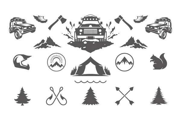Camping y aventuras al aire libre elementos de diseño e iconos set vector ilustración — Vector de stock