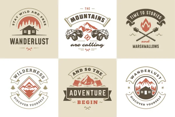 Camping en outdoor avontuur citaten en gezegden typografie set vector illustratie — Stockvector