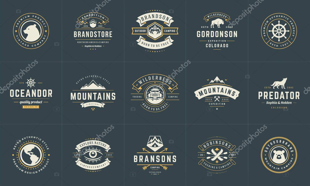 Camping logos and badges templates vector design elements and silhouettes set. Outdoor adventure mountains and forest camp vintage style emblems and logos retro illustration.