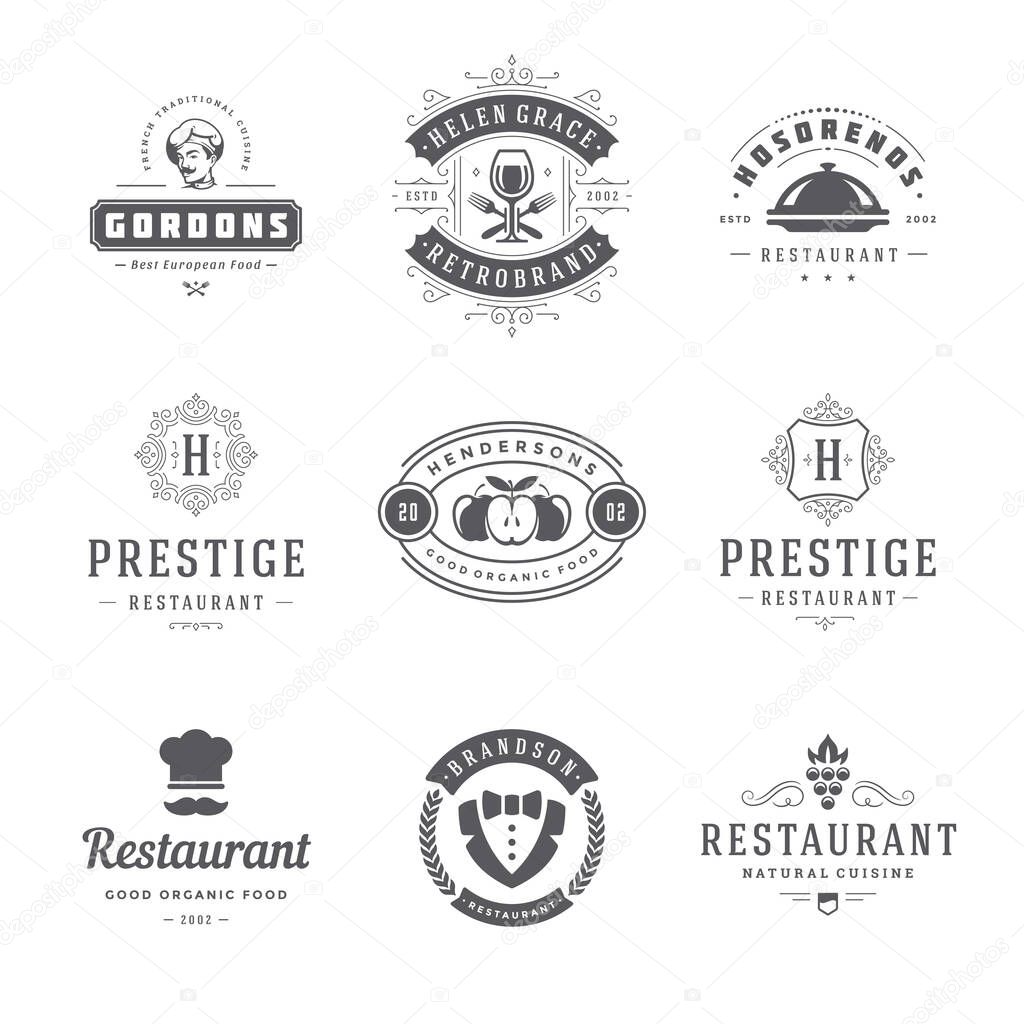 Restaurant logos templates set vector illustration. Good for restaurant menu and cafe badges. Vintage typography design elements and silhouettes.